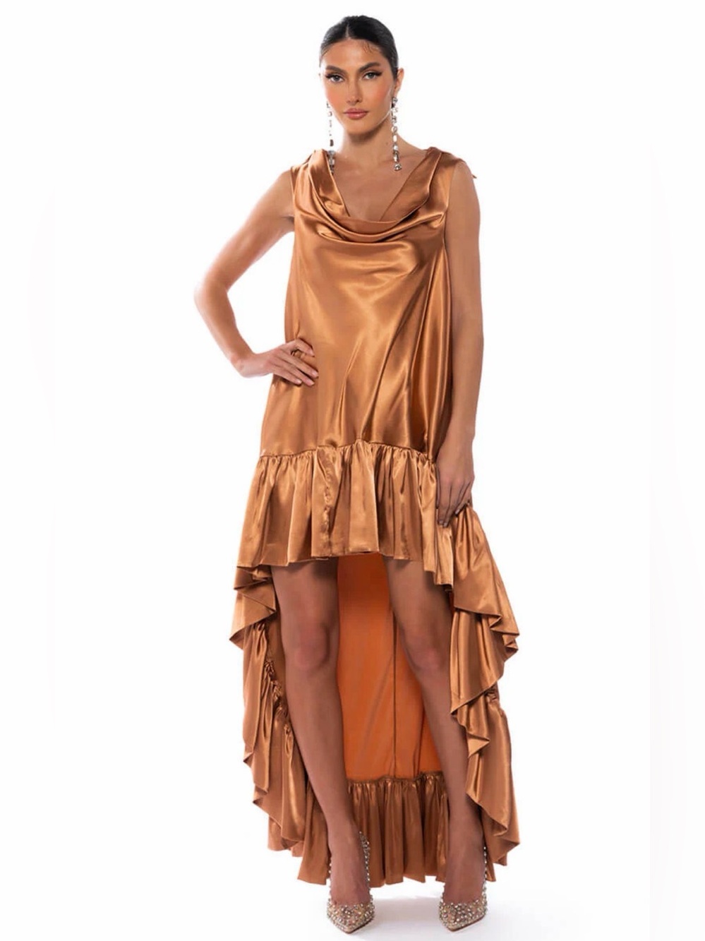 AKIRA Lonnie Cowl Neck High Low Satin Midi Dress Small Bronze NWT!